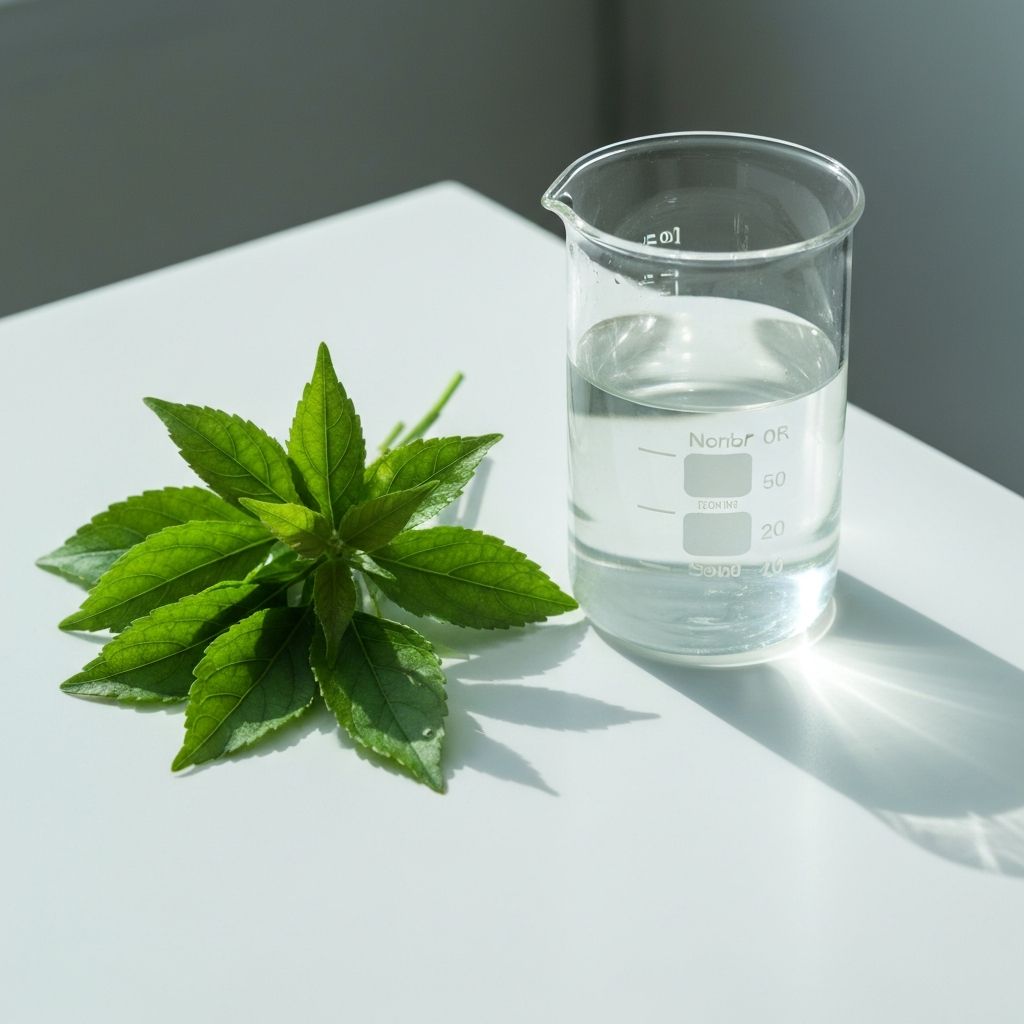 Glasbecher mit Flüssigkeit und frischen Blättern